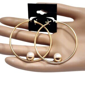 2" Single Pearl Hoops Pierced Stud Earrings Gold Vintage 50mm Stainless Steel